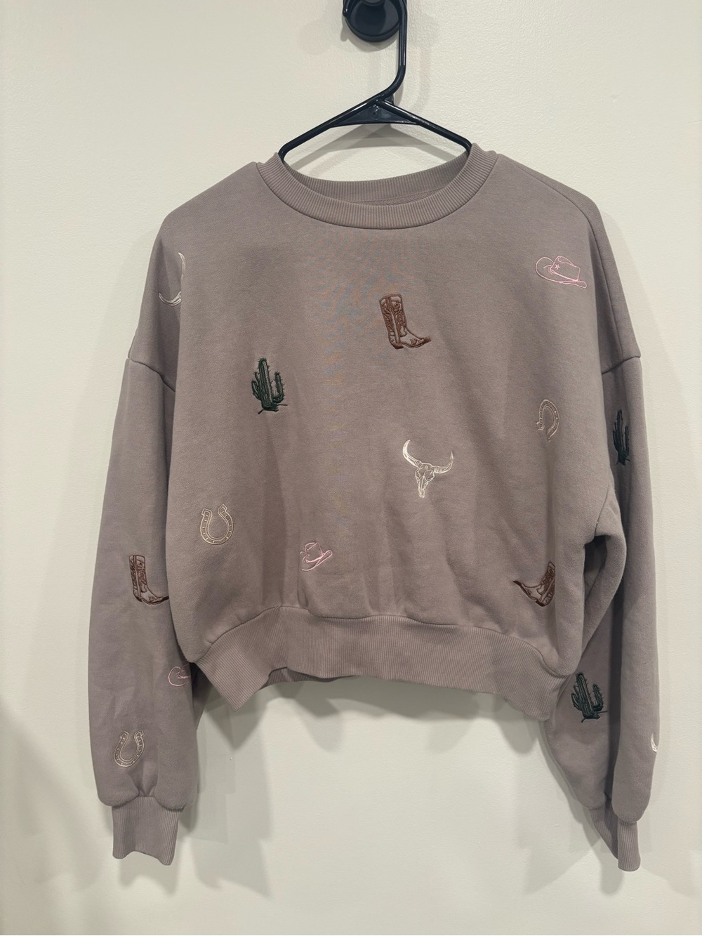 Embroidered Western Motif Crewneck Sweater - Taupe